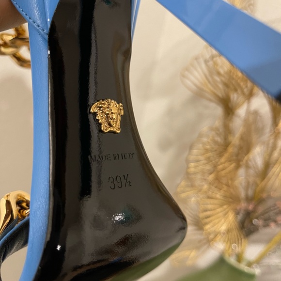 VERSACE Blue Leather MEDUSA CHARM High Heel Chunky CHAIN SANDALS - Picture 7 of 9
